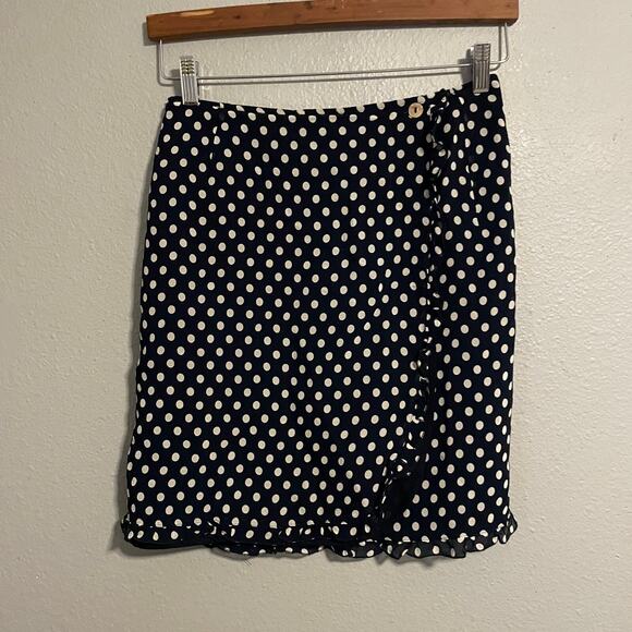 Vintage PME Womens Mini Wrap Skirt IT 44 US 8 Navy Polka Dot Ruffle Office Siren - Picture 1 of 7